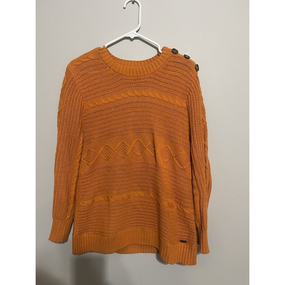 Women's Bass Cable Knit Fisherman's Orange Large Sweater Shoulder Buttons Preppy
